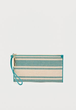 Ristmeri kujuga klapp-kott, millel on türkiissinised ja beežid horisontaalsed triibud, türkiissinine ääris, kuldne tõmblukk ja türkiissinine randmepael.