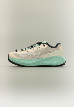 Lyse beige og mintgrøn Salomon løbesko med sort sål og lynsnøresystem, vist i sideprofil mod en neutral baggrund.