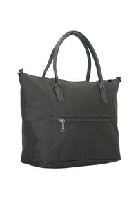 Sac fourre-tout en tissu noir avec un design structuré, deux poignées supérieures, une poche zippée à l'avant et une surface texturée. Accents en cuir lisse.