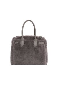 Grå faux fur håndtaske med glatte læderdetaljer, dobbelte håndtag, rektangulær form og subtil tekstur. Har et lille logo-tag og metalhardware.
