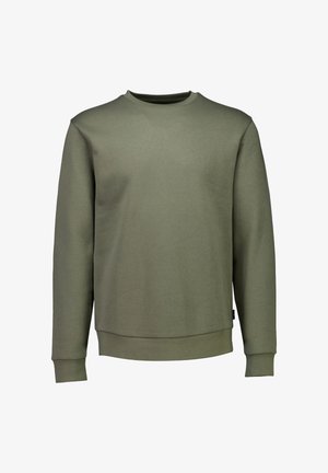 Sudadera verde oliva con cuello redondo, mangas largas, puños acanalados y dobladillo inferior. Fabricada con un tejido suave de textura lisa.