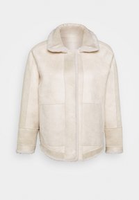 Cream-colored faux shearling jacket with a soft texture, wide collar, and front pockets. Features a straight cut and seam detailing.