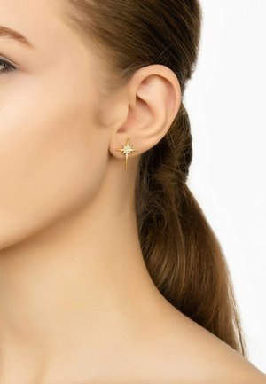Gold star-shaped earrings with a central design featuring a clear stone, set against a neutral skin tone for contrast.