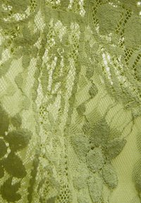 Čipková látka svetlozelená, so vzormi kvetov, zložitými textúrami a rôznymi technikami stehov. Mäkká, jemná a polopriesvitná.