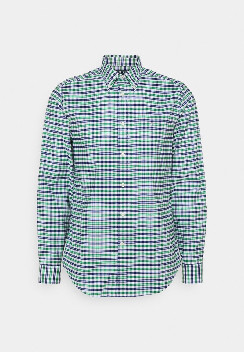 Buttoned long-sleeve shirt with blue, green, and white checkered pattern and button-down collar on a plain background.