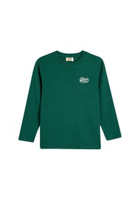 Langærmet grøn bomulds t-shirt med rund halsudskæring og hvidt "Tennis Triumph" tekstlogo på brystet. Enkel, uornamenteret design.