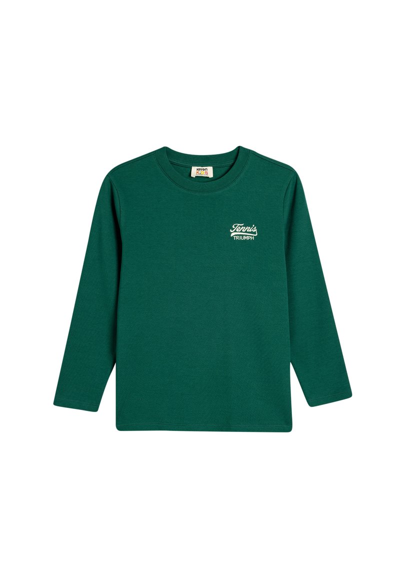 Langærmet grøn bomulds t-shirt med rund halsudskæring og hvidt "Tennis Triumph" tekstlogo på brystet. Enkel, uornamenteret design.