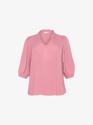 Rosa Bluse mit Rüschenkragen, dreiviertel Puffärmel und einem weichen, strukturierten Stoff. Verfügt über eine legere Passform und einen dezenten Glanz.