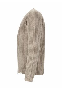 Beige knit sweater with a ribbed texture, featuring a V-neckline and long sleeves, designed in a relaxed fit. Includes a logo tag at the hem.