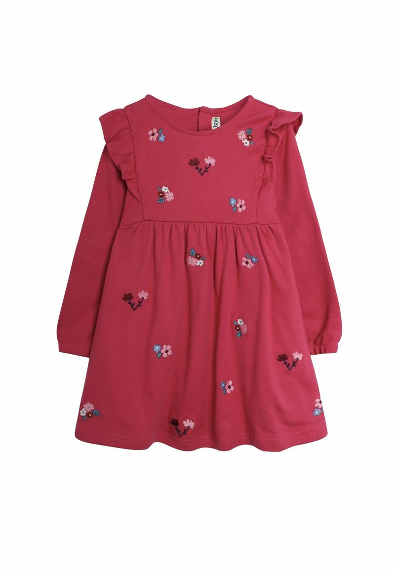 Rosa Langarmkleid mit Rüschen an den Schultern, verziert mit gestickten Blumen in verschiedenen Farben entlang des Körpers und einem gerafften Taillenbereich.