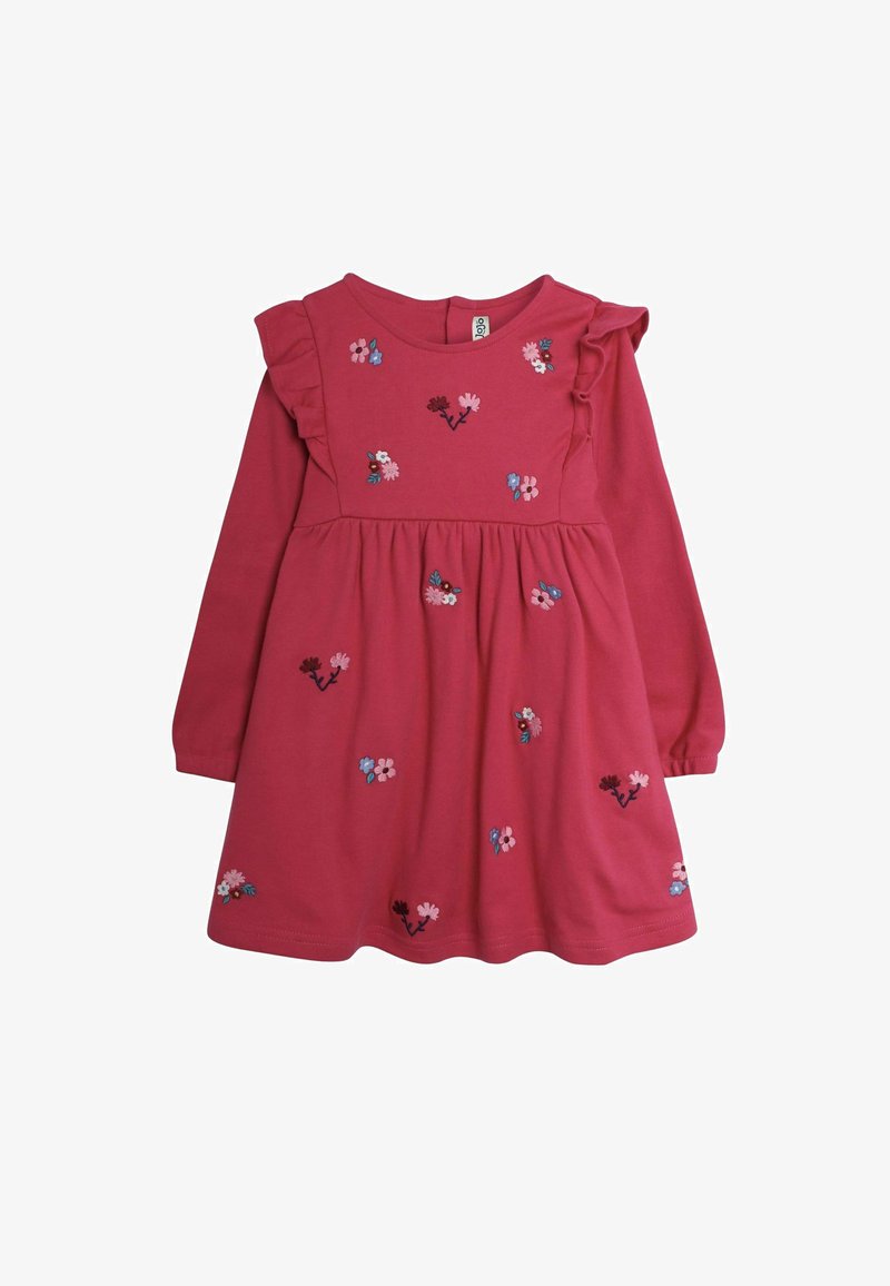 Rosa Langarmkleid mit Rüschen an den Schultern, verziert mit gestickten Blumen in verschiedenen Farben entlang des Körpers und einem gerafften Taillenbereich.