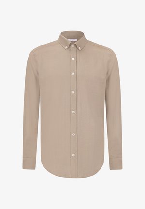 Langärmliges, beiges Hemd mit Knopfleiste aus glattem Material. Es hat einen klassischen Kragen und weiße Knöpfe vorne zur Schließung.