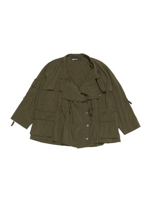 Olive green, oversized jacket with prominent patch pockets, snap buttons, and a draped front. Made of lightweight fabric, features wide sleeves.