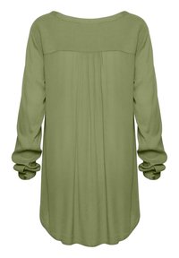 Långärmad, olivgrön skjorta med plisserad rygg, rundad nederkant och knappad manschett. Tillverkad av textil med struktur.