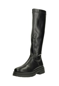 Zwarte leren kniehoog laarzen met een gladde afwerking, ronde neus en dikke rubberen zool. Beschikt over een zijnaad en minimale details.