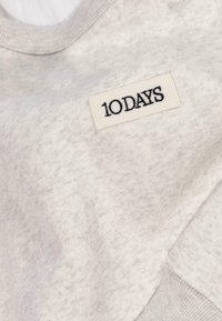Lichtgrijze sweatshirt met een zachte textuur, voorzien van een rechthoekig label met de tekst "10 DAYS" in zwart op een beige achtergrond.