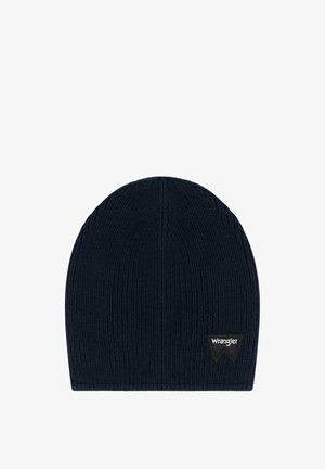 Beanie in maglia blu navy con texture a coste e una piccola etichetta con il logo Wrangler nero sul lato. Design semplice, arrotondato e caldo.