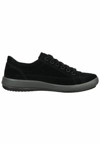Black suede sneakers with a low profile, rubber sole, six lace-up eyelets, and subtle stitching detail along the side.