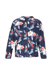 Bloemen zandjack met een marineblauwe achtergrond, voorzien van witte en rode bloemen, groene bladeren, een capuchon en soepel, lichtgewicht stof.