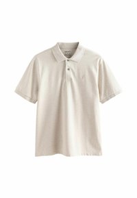 Bežové polo triko s krátkým rukávem, vyrobené z bavlněné tkaniny. Má klasický límeček, tři knoflíky a malé vyšívané logo.