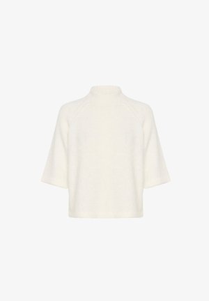 Sveter s krátkym rukávom a vysokým golierom v jemne bielej farbe, s textúrovaným pletením a raglánovými rukávmi, s uvoľneným, štvorcovým strihom.