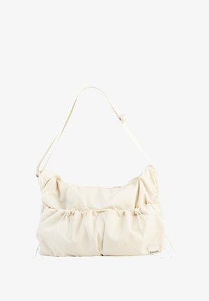 Cream nylon shoulder bag with gathered texture, adjustable strap, and drawstring detailing. Features a small brand label on the front.