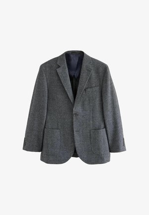 Grijze gestructureerde blazer met een subtiel patroon, twee voorzakken, sluiting met één knop en een marineblauwe voering. Klassieke getailleerde pasvorm.