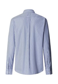 Long-sleeve shirt in blue and white vertical stripes, featuring a classic collar and buttoned cuffs, made from lightweight fabric.
