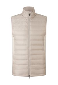 Beige wattierte Weste mit hohem Kragen, durchgehendem Reißverschluss und horizontalem Steppmuster. Glatte Textur, strukturiertes Design und Seitenpaneele.