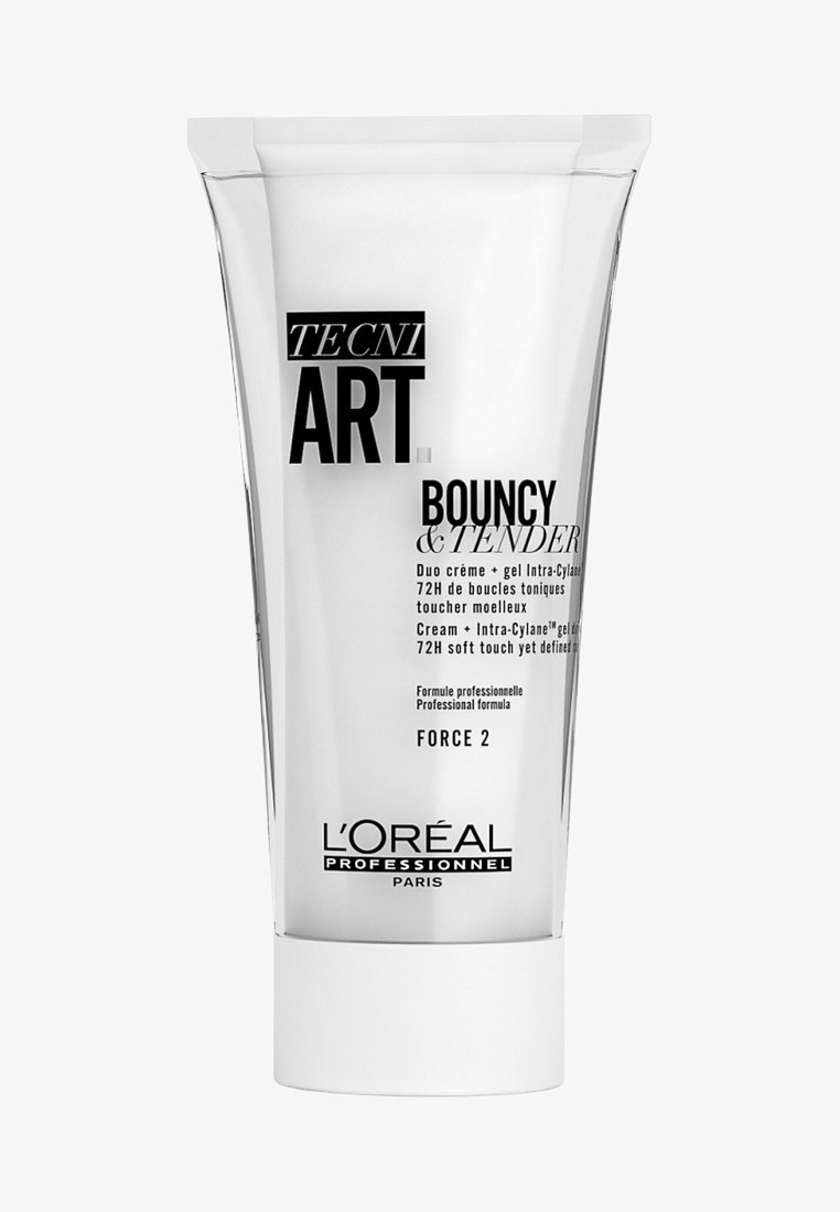 L'Oréal Professionnel Tecni Art Bouncy & Tender Cream in einer klaren Quetschflasche mit weißem Verschluss; mit fettem schwarzen Text, der die professionelle Formel hervorhebt.