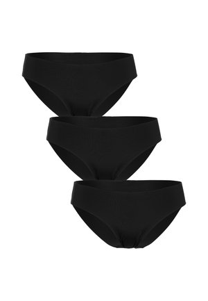 Tre pezzi di biancheria intima neri stile bikini impilati verticalmente su uno sfondo bianco.