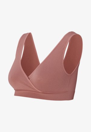 Roze geribbelde bralette met een V-halsontwerp, brede bandjes en een minimalistische constructie. Zacht, rekbaar materiaal voor comfort.
