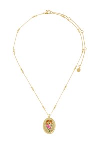 Kuldne kaelakee väikeste helmeste aktsentidega, millel on ovaalne ripats, millel on mära pea ja roosa lilledega kujundus.