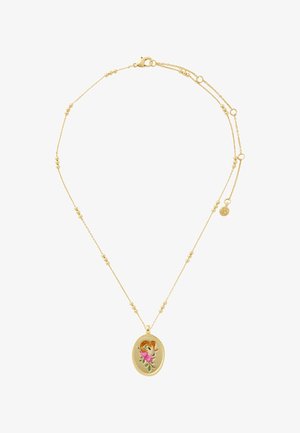Gold necklace with small bead accents featuring an oval pendant with a ram head and pink flower design.