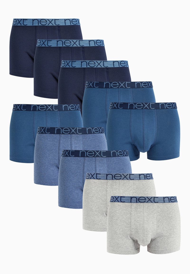 Paket med tio boxershorts i olika nyanser av blått och grått. Funktioner med elastiska midjeband med "next"-logotyp. Slät tygtextur.