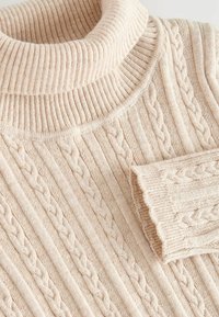 Beige gestrickter Pullover mit einem gerippten Rollkragen, Kabelstrickmuster und strukturierten Ärmeln. Weicher, leichter Stoff sorgt für zusätzlichen Komfort.
