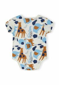 Short-sleeve baby bodysuit made of soft cotton features a playful animal print in orange, blue, and brown on a light background.