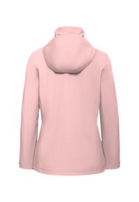 Roze waterdichte jas met capuchon. Voorzien van lange mouwen en een gladde textuur, ontworpen voor een aansluitende pasvorm met minimale details.