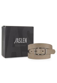 Cinturón de cuero beige con una hebilla rectangular de metal plateado, presentado en una caja negra con el nombre de la marca "JASLEN" en letras blancas.