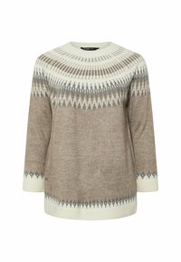 Maglione beige a maglia con maniche a tre quarti, caratterizzato da un motivo a yoke in crema, marrone e grigio. Texture morbida con vestibilità rilassata.