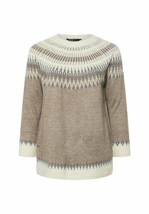 Beige gebreide trui met driekwartmouwen, voorzien van een patroon op de schouderpartij in crème, bruin en grijs. Zachte textuur met een relaxed fit.
