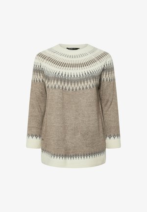 Beżowy sweter dziany z rękawami o długości trzech czwartych, z wzorzystym karczkiem w kolorze kremowym, brązowym i szarym. Miękka faktura z luźnym krojem.