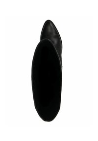 Bottine en cuir noir avec un bout pointu, texture lisse et silhouette effilée. Vue intérieure révélant un revêtement doux et sombre.