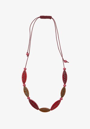 Punased ja pruunid lehekujulised helmestikud, millel on graveeritud detailid, koos ümmarguste roosade helmestikestega, pruunil nöörkaelakeel.