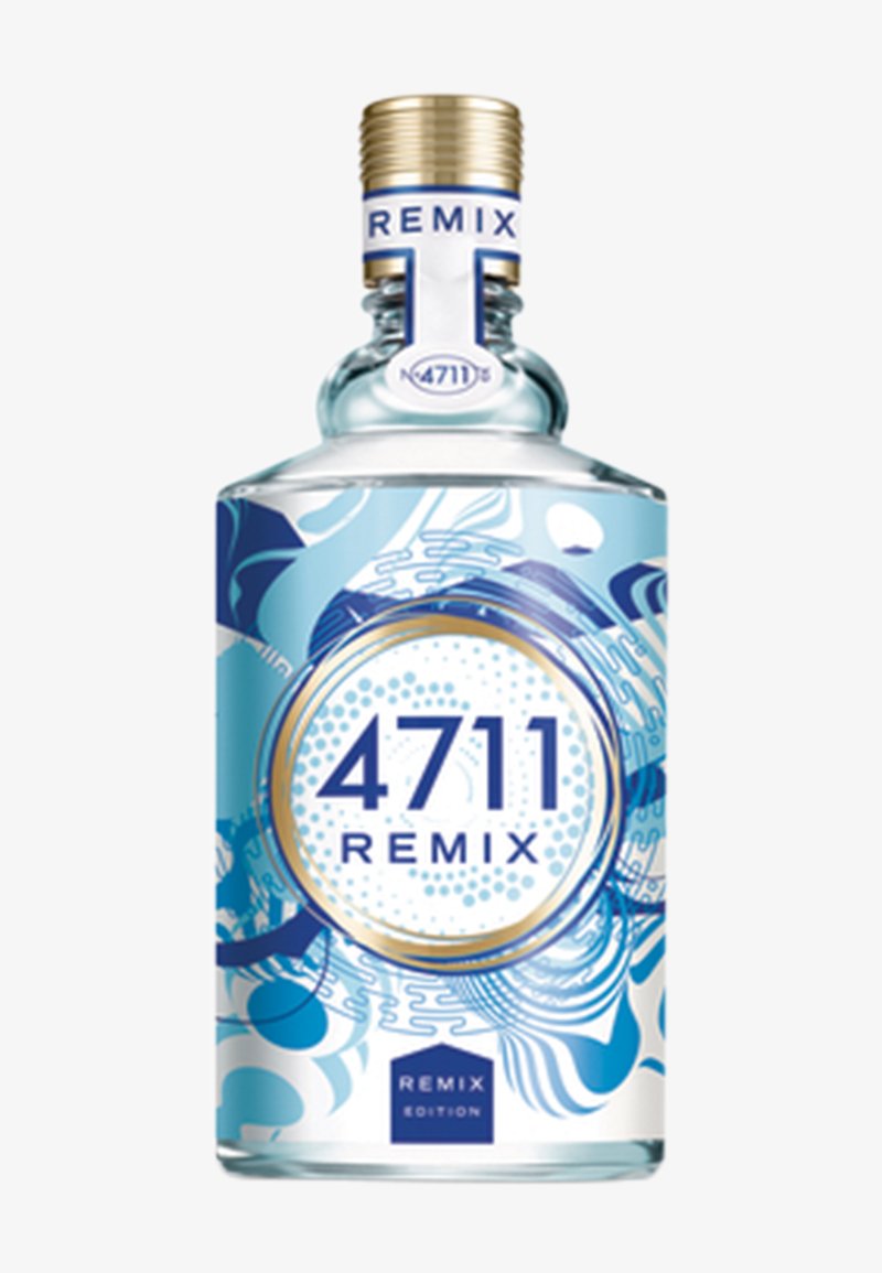 Transparente Flasche mit blauen und weißen abstrakten Mustern, beschriftet mit "4711 Remix", und einem goldakzentuierten Verschluss mit derselben Markierung.