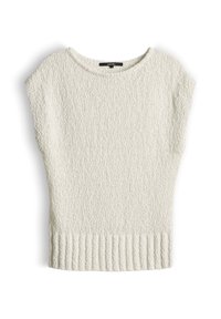 White textured short-sleeve sweater with round neckline and ribbed hem, laid flat on a white background.