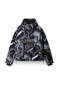 Veste à capuche noire, grise et blanche à motif géométrique avec logos Napapijri et écusson du drapeau norvégien sur la poche avant.