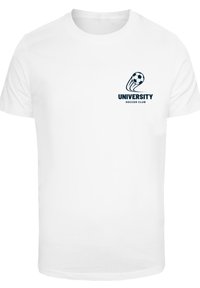 White cotton t-shirt featuring a navy blue "University Soccer Club" logo with a soccer ball graphic on the left chest area.