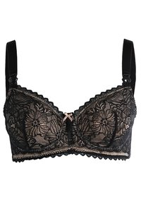Black lace bra with a floral pattern, soft underwire, adjustable straps, and a decorative pink bow at the center. Textured lace band.