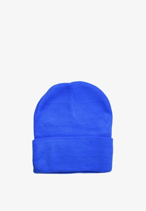Berretto di lana blu con risvolto, realizzato in tessuto morbido con una superficie liscia e di un colore uniforme. Senza motivi o decorazioni.